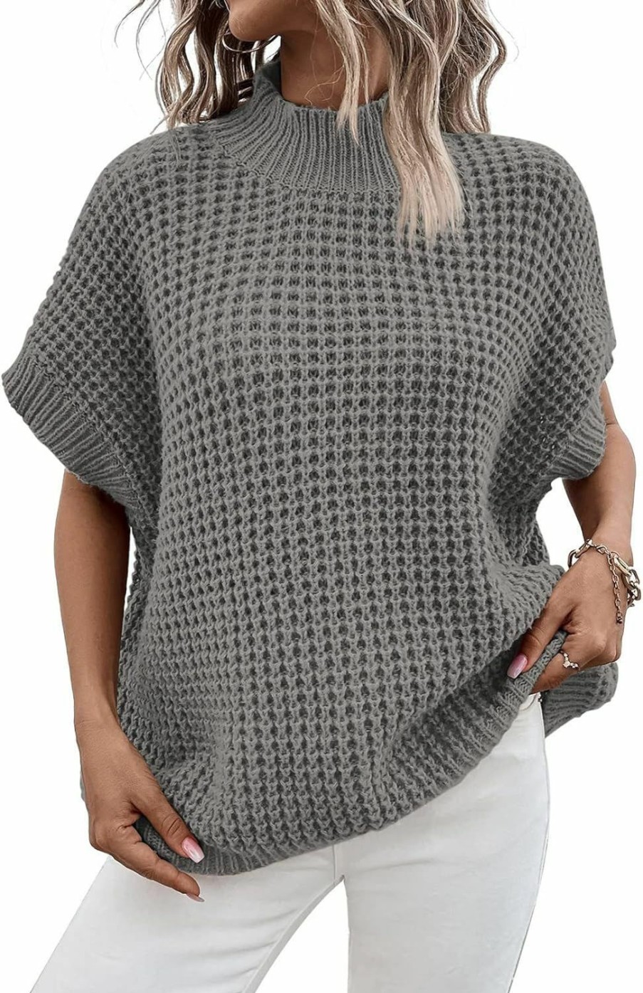 Sweaters | Viottiset Viottiset Womens Oversized Short Batwing Sleeve Mock Neck Sweater Vest Fall Sleeveless Pullover Knit Sweaters