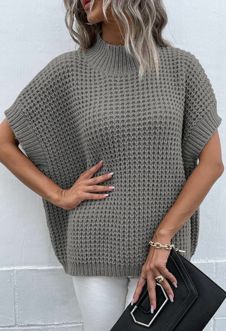 Sweaters | Viottiset Viottiset Womens Oversized Short Batwing Sleeve Mock Neck Sweater Vest Fall Sleeveless Pullover Knit Sweaters