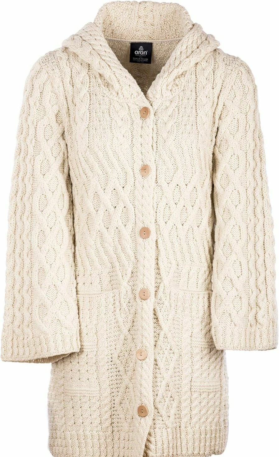 Sweaters | Aran Woollen Mills Ladies - Merino Wool - Irish Knit - Buttons Long Cardigan For Women With Hood And Front Pockets Made In Ireland