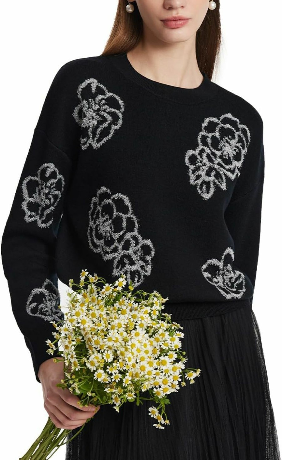 Sweaters | GOELIA Black Flower Sweaters For Women Soft Long Sleeve Crew Neck Casual Women Pullover Spring Sweaters For 2024 Trendy