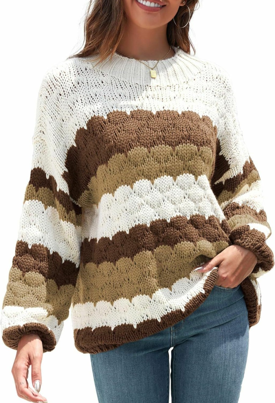 Sweaters | ZAFUL Zaful Women'S Crewneck Long Sleeve Striped Color Block Loose Cable Knit Pullover Sweaters