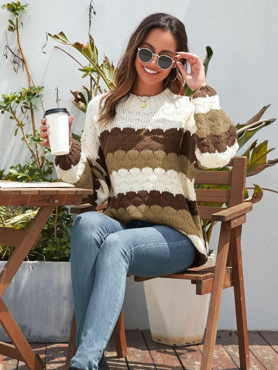 Sweaters | ZAFUL Zaful Women'S Crewneck Long Sleeve Striped Color Block Loose Cable Knit Pullover Sweaters