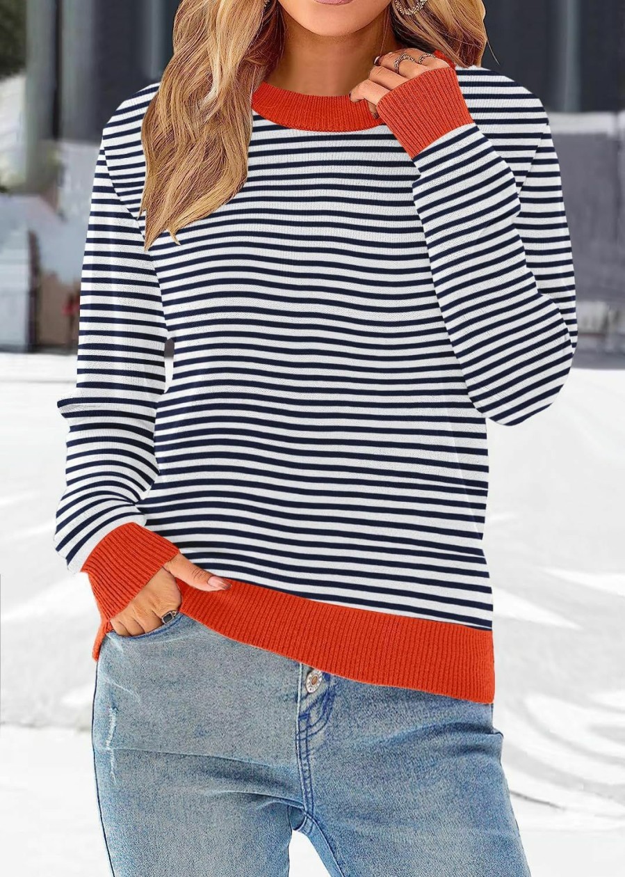 Sweaters | GUNEST Women'S Striped Sweater Long Sleeve Crew Neck Ribbed Knit 2023 Fall Winter Pullover Sweater Tops