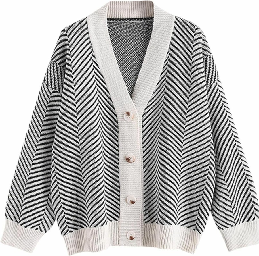 Sweaters | ZAFUL Zaful Women'S Striped Cardigan Long Sleeve Button Up Open Front Knit Oversized Sweater