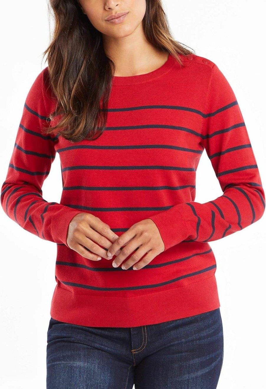 Sweaters | Nautica Nautica Women'S Year-Round Long Sleeve 100% Cotton Striped Crewneck Sweater