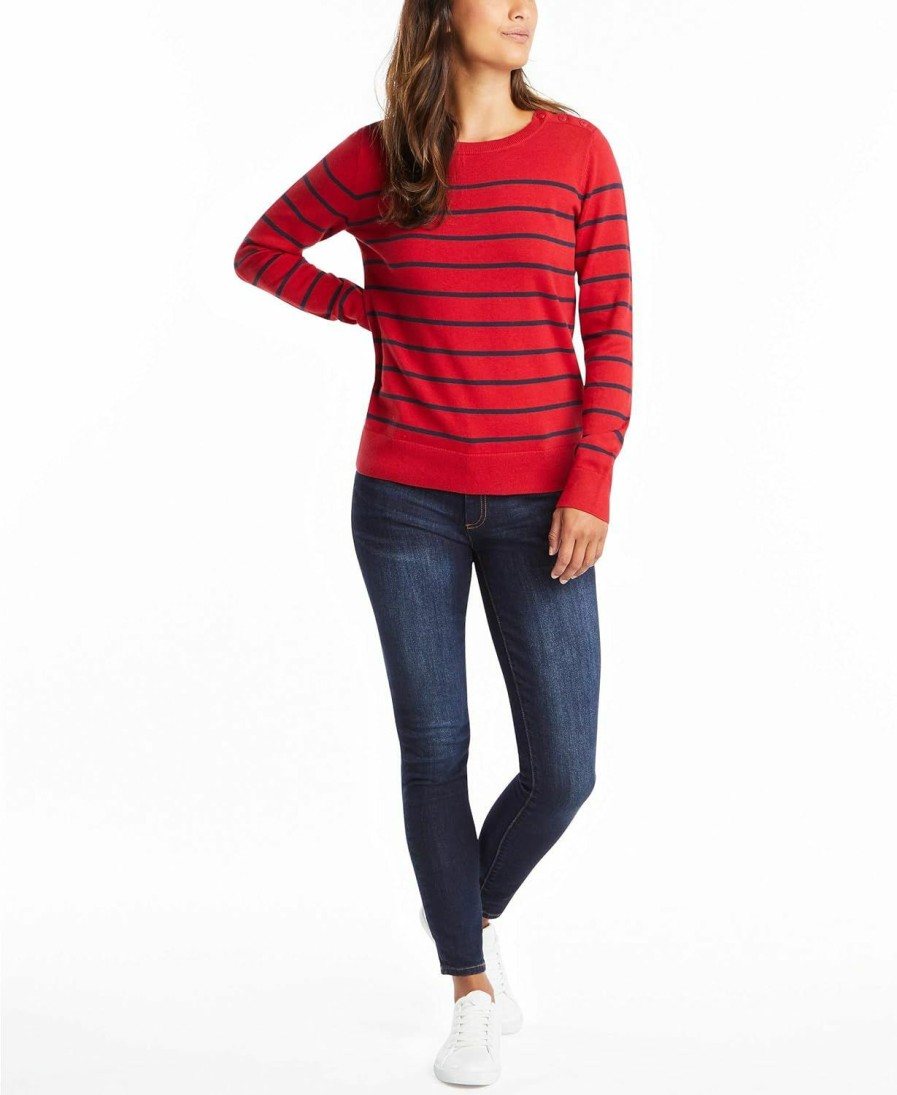 Sweaters | Nautica Nautica Women'S Year-Round Long Sleeve 100% Cotton Striped Crewneck Sweater