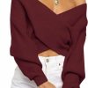 Sweaters | ZCSIA Zcsia Women'S Wrap V Neck Cropped Sweaters 2024 Fall Long Sleeve Cross Front Off Shoulder Solid Knitted Pullover Tops