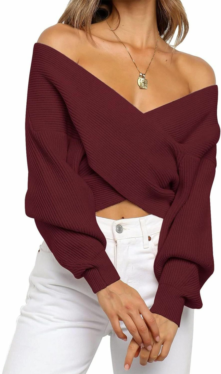 Sweaters | ZCSIA Zcsia Women'S Wrap V Neck Cropped Sweaters 2024 Fall Long Sleeve Cross Front Off Shoulder Solid Knitted Pullover Tops