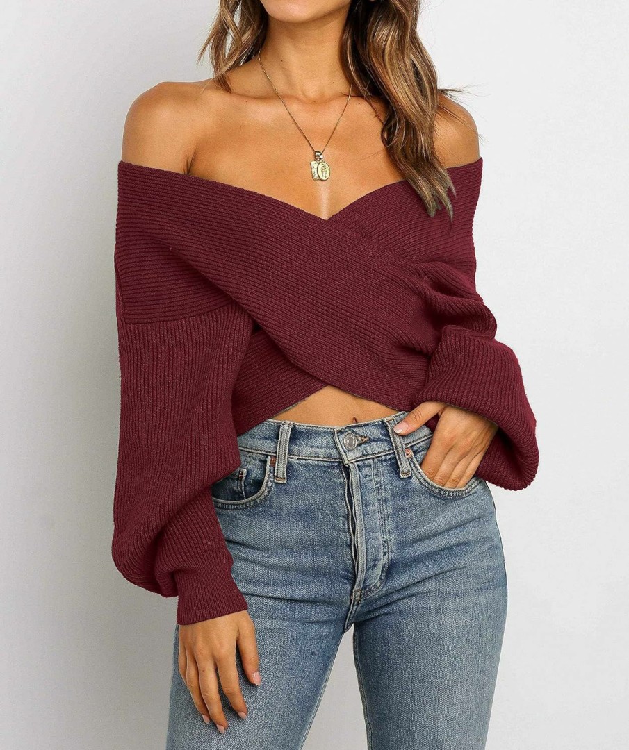 Sweaters | ZCSIA Zcsia Women'S Wrap V Neck Cropped Sweaters 2024 Fall Long Sleeve Cross Front Off Shoulder Solid Knitted Pullover Tops