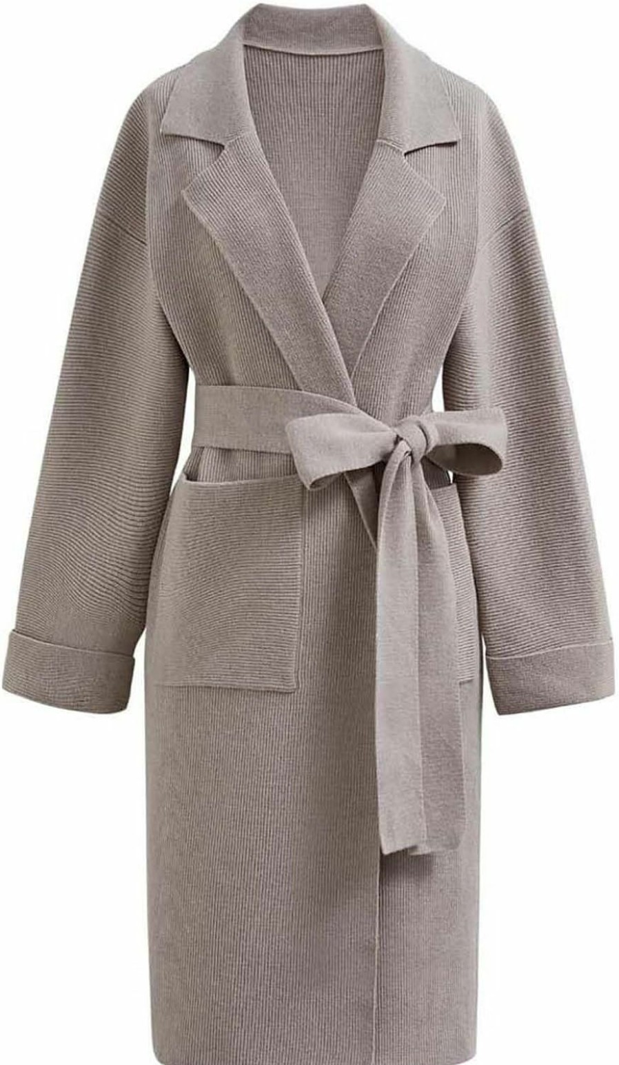 Sweaters | CHICWISH Chicwish Women'S Open Front Cardigan Long Sleeve Notch Lapel Belted Longline Coatigan Ribbed Knit Coat With Pockets