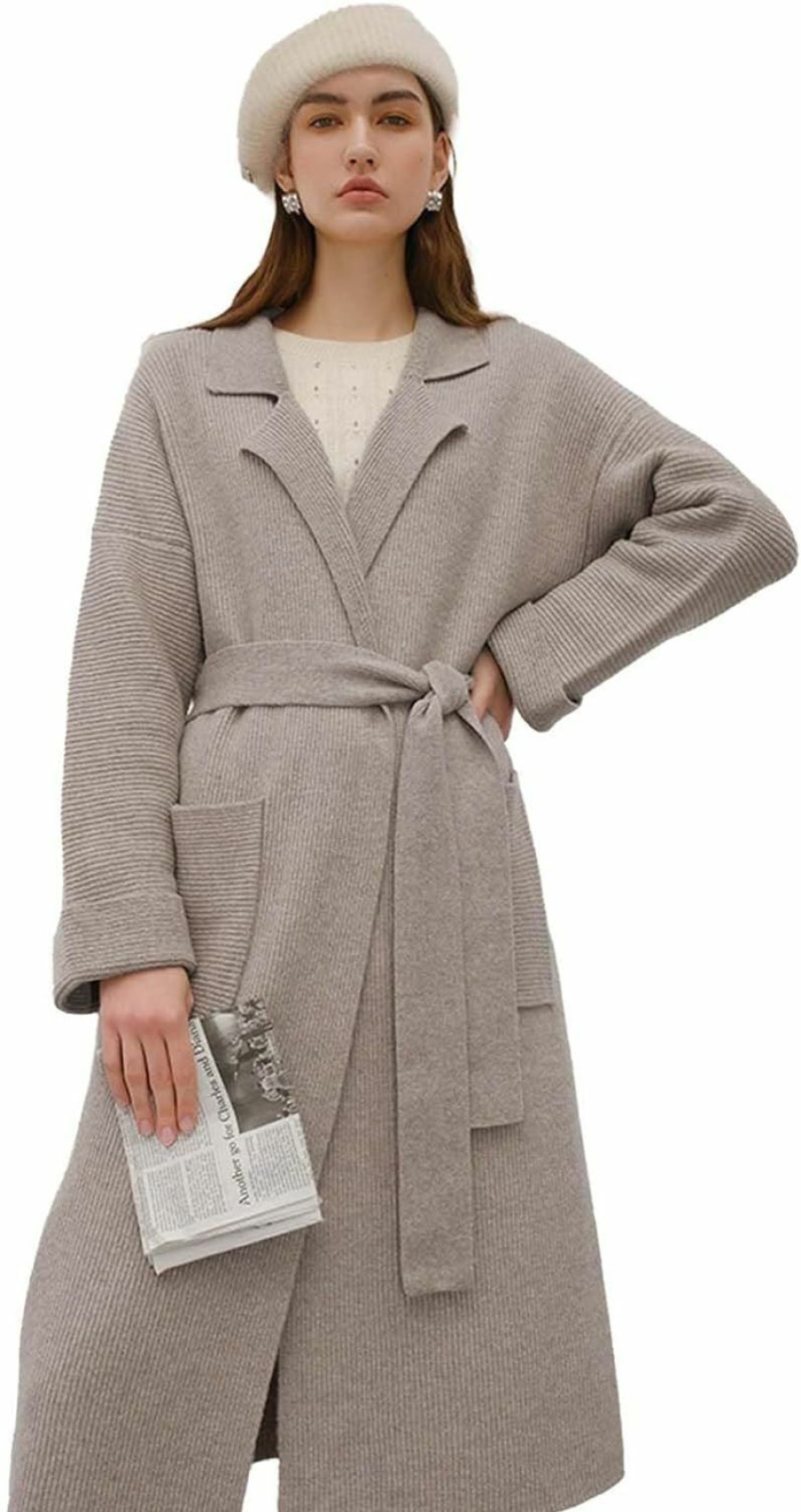 Sweaters | CHICWISH Chicwish Women'S Open Front Cardigan Long Sleeve Notch Lapel Belted Longline Coatigan Ribbed Knit Coat With Pockets