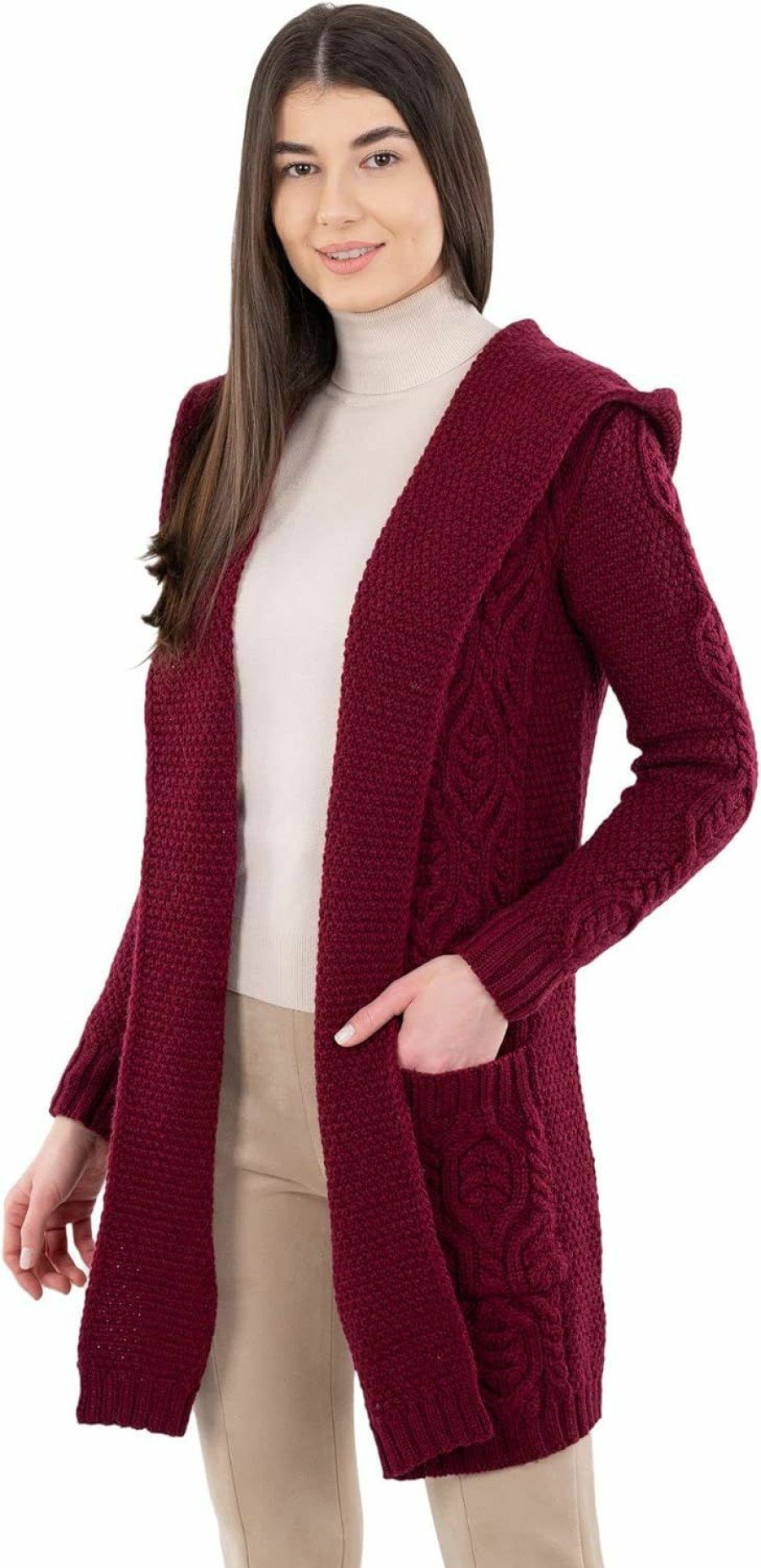 Sweaters | SAOL Saol 100% Merino Wool Ladies Irish Classic Fit Long Cardigan With Hood