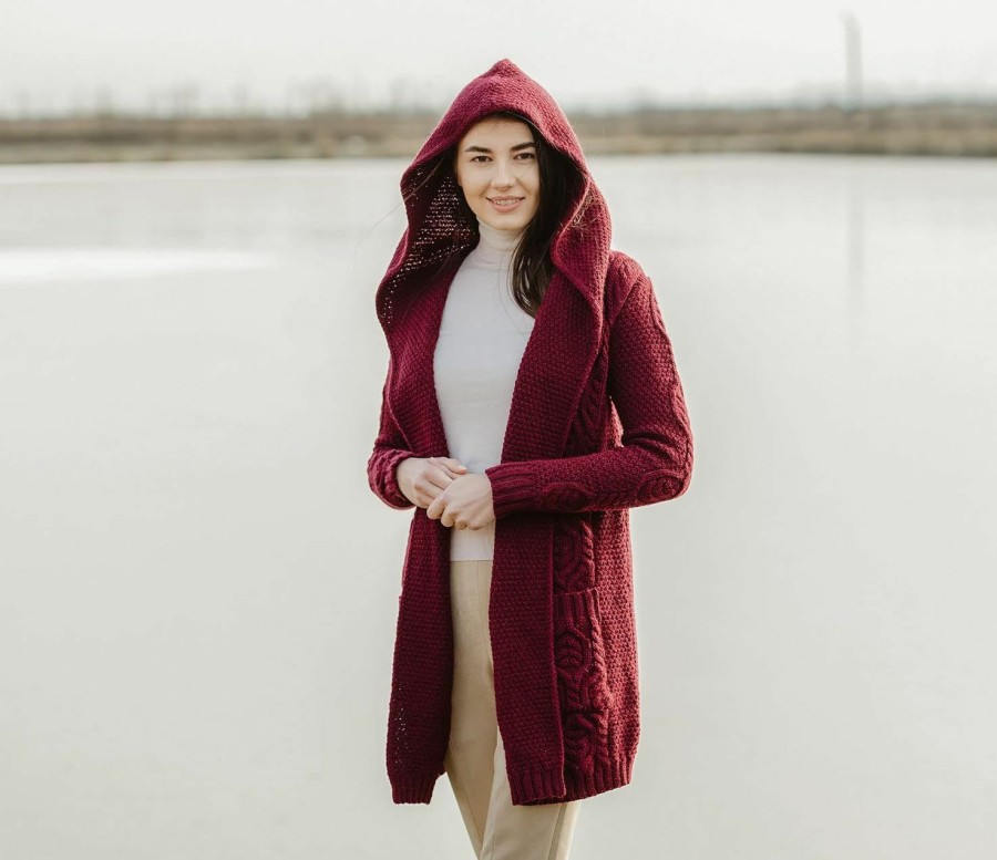 Sweaters | SAOL Saol 100% Merino Wool Ladies Irish Classic Fit Long Cardigan With Hood