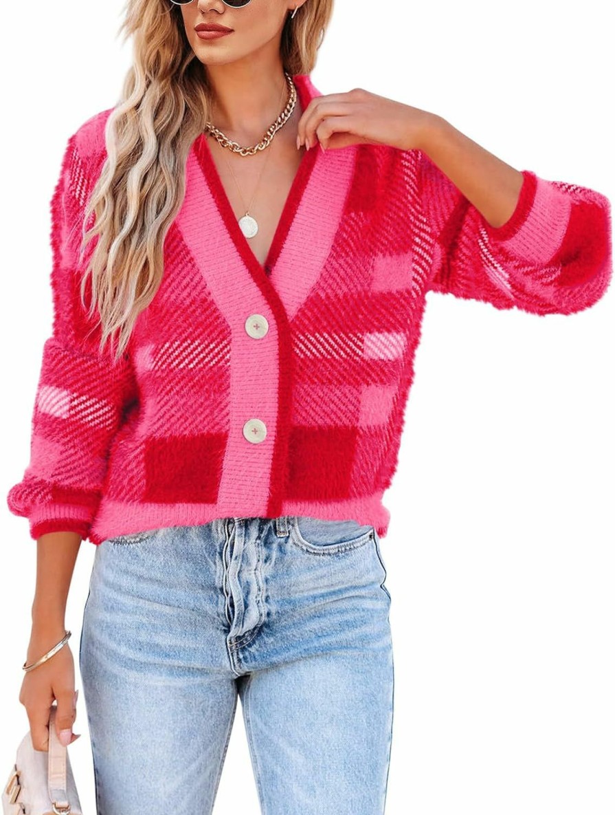 Sweaters | Imily Bela Imily Bela Womens Cardigan Sweaters Plaid Fuzzy Knit V Neck Button Down Long Sleeve Cozy Cardigans Pullover Tops