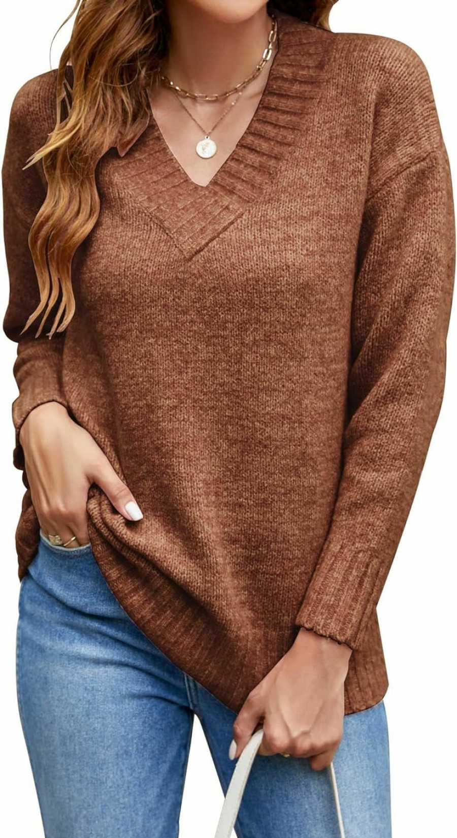 Sweaters | Bluetime Bluetime Women Casual Long Sleeve Sweaters Soft Loose Fit Cable Knit Pullover V Neck Oversized Tunic Sweater Tops