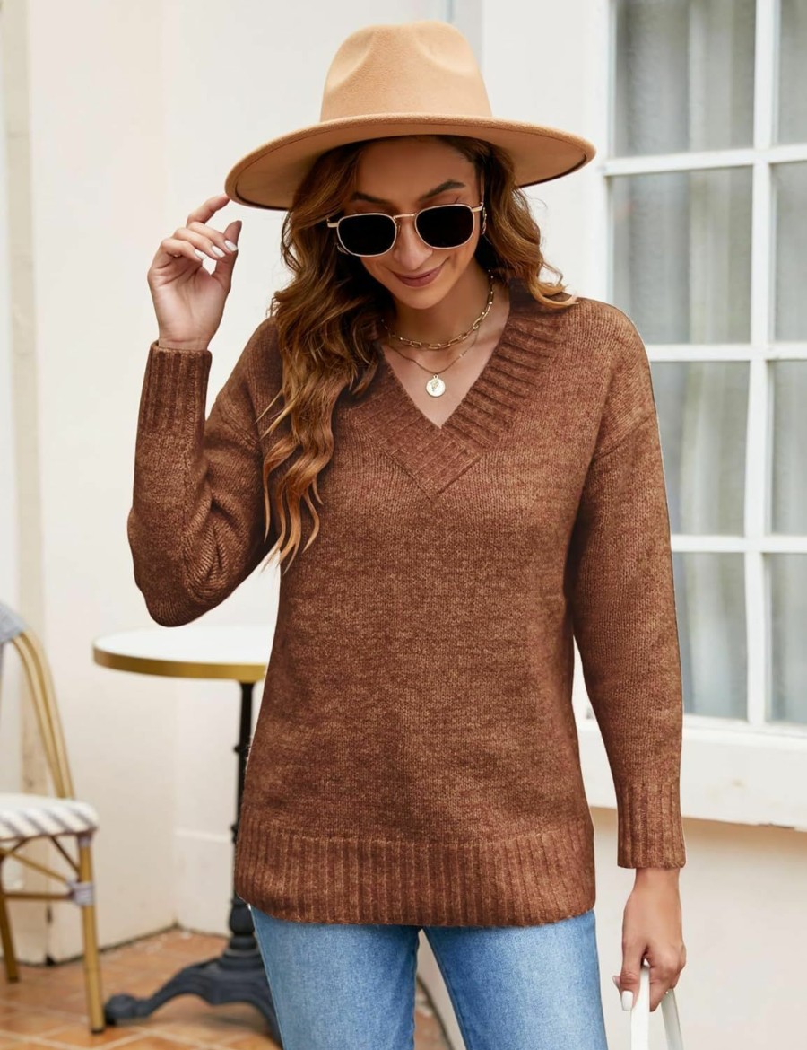 Sweaters | Bluetime Bluetime Women Casual Long Sleeve Sweaters Soft Loose Fit Cable Knit Pullover V Neck Oversized Tunic Sweater Tops