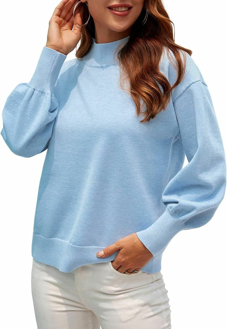 Sweaters | WEACZZY Weaczzy Women'S 2024 Fall Fashion Casual Sweaters Mock Neck Long Lantern Sleeve Lightweight Knit Pullover Sweater Tops