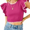 Sweaters | Saodimallsu Saodimallsu Womens Summer Ruffle Sleeve Knit Crop Tops Lightweight Crew Neck Contrast Striped Cropped Sweaters