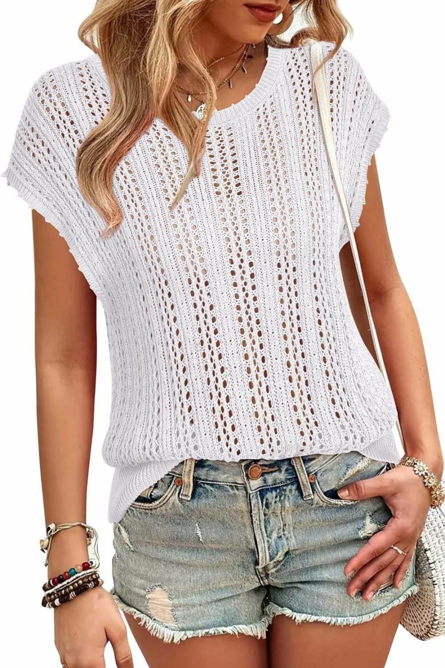 Sweaters | Arach&Cloz Arach&Cloz Womens Spring Summer 2024 Sweater Vest Cap Sleeve Crew Neck Crochet Knit Fashion Casual Sleeveless Tops Clothes