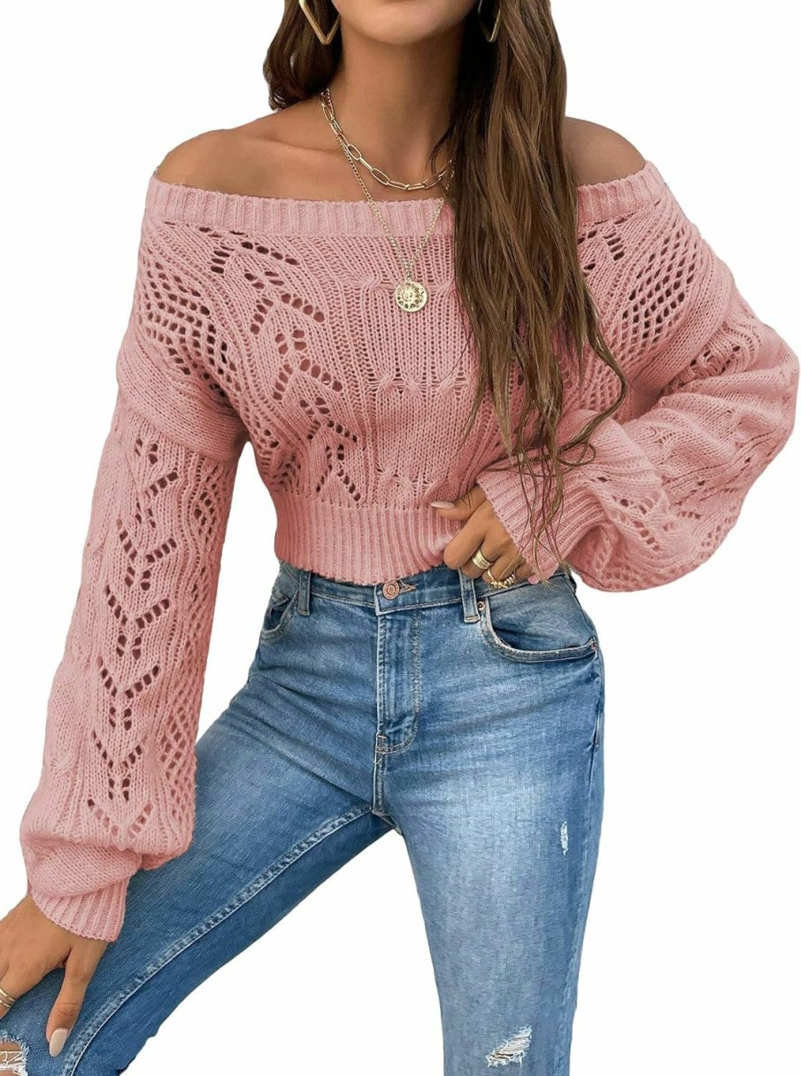 Sweaters | WDIRARA Wdirara Women'S Off Shoulder Long Sleeve Hollow Out Sheer Knit Soft Crop Top Sweater