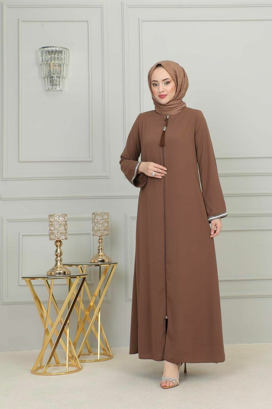 Sweaters | istanbulstyles Women'S Stone Sleeves Abaya Long Sleeve Floor Length Zipper Floor Length Turkey Islamic Fashion