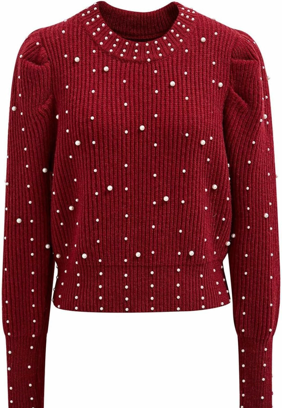 Sweaters | CHICWISH Chicwish Women Crewneck Sweater Pearl Embellished Long Sleeve Cropped Casual Sweater Pullover Tops