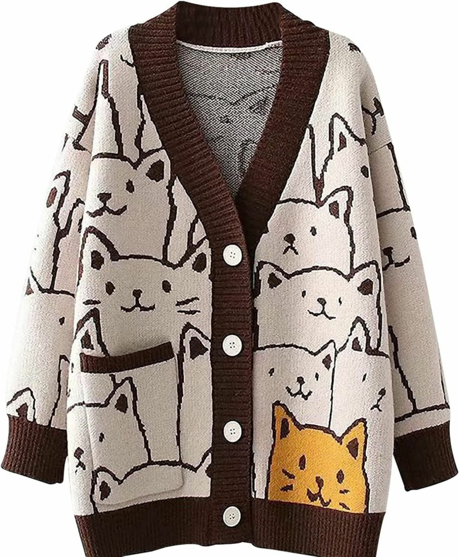 Sweaters | Gihuo Gihuo Cat Sweater For Women Oversized Cute Kawaii Cardigan Knit Printed V Neck Loose Fit Long Sleeve Cardigan Coat