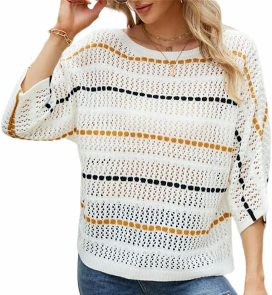 Sweaters | KEOMUD Keomud Women'S Striped Mesh Crochet Tops Off Shoulder Three Quarter Sleeves Hollow Out Knit Sweater See Through Cover Ups