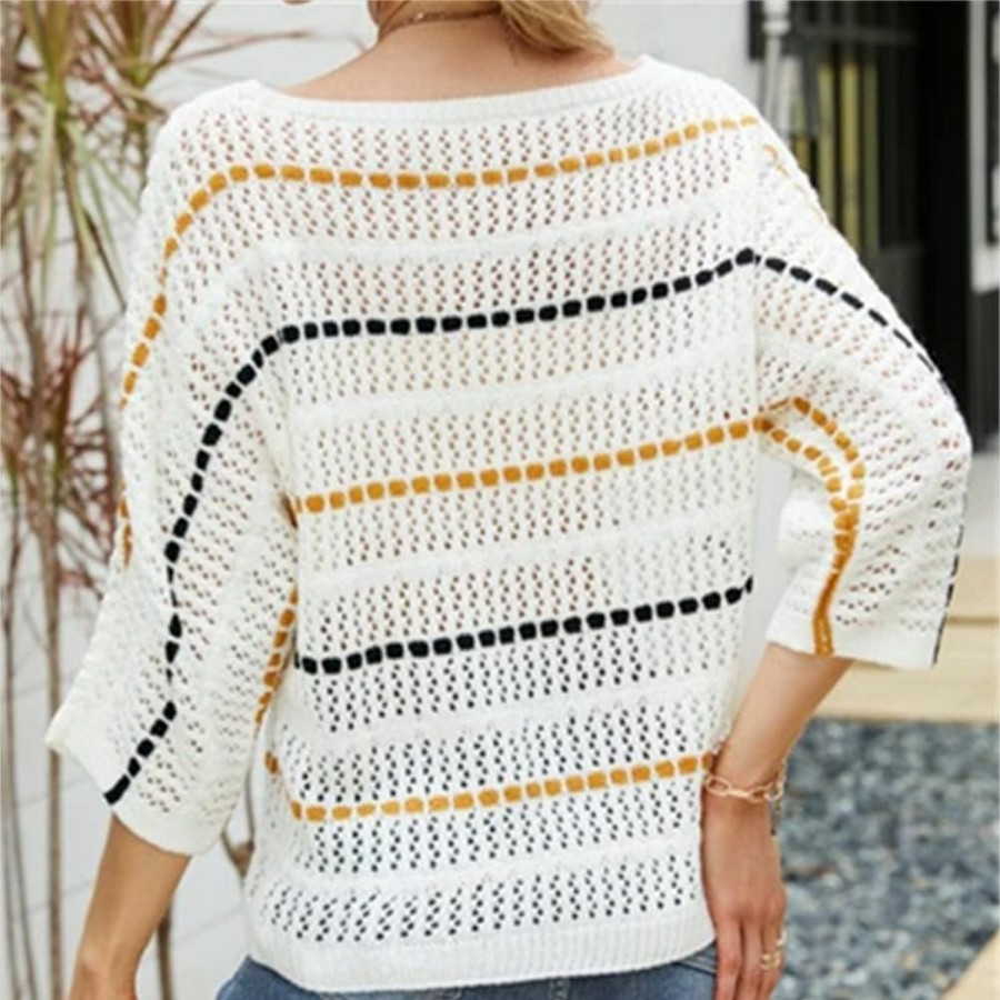 Sweaters | KEOMUD Keomud Women'S Striped Mesh Crochet Tops Off Shoulder Three Quarter Sleeves Hollow Out Knit Sweater See Through Cover Ups