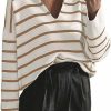 Sweaters | CFLONGE Cflonge Women'S Casual Striped Pullover Sweater Long Sleeve Polo V Neck Lightweight Loose Fit Drop Shoulder Knit Shirts Tops