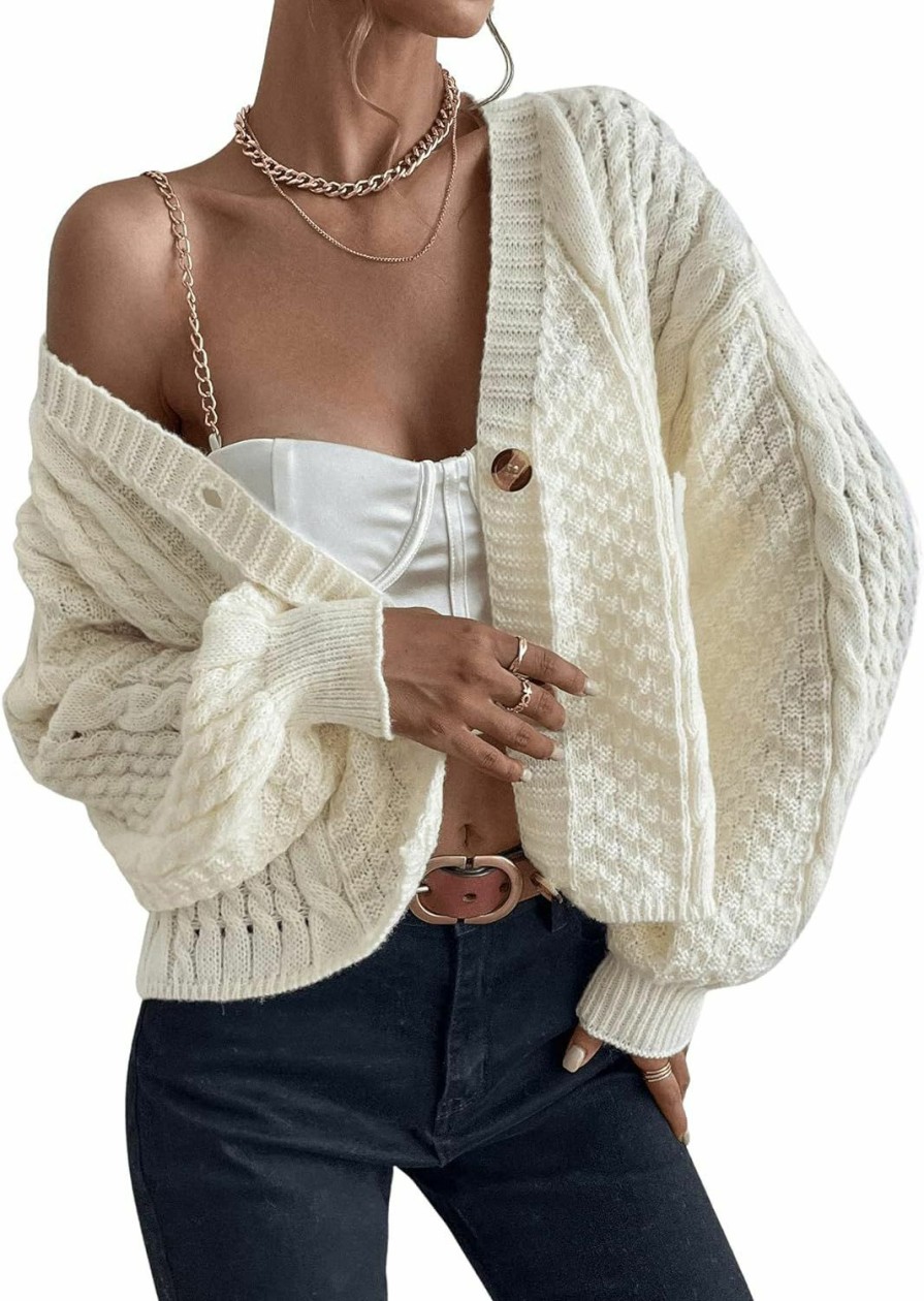 Sweaters | SweatyRocks Sweatyrocks Women'S Cable Knit Long Sleeve V Neck Cardigan Drop Shoulder Button Front Sweater