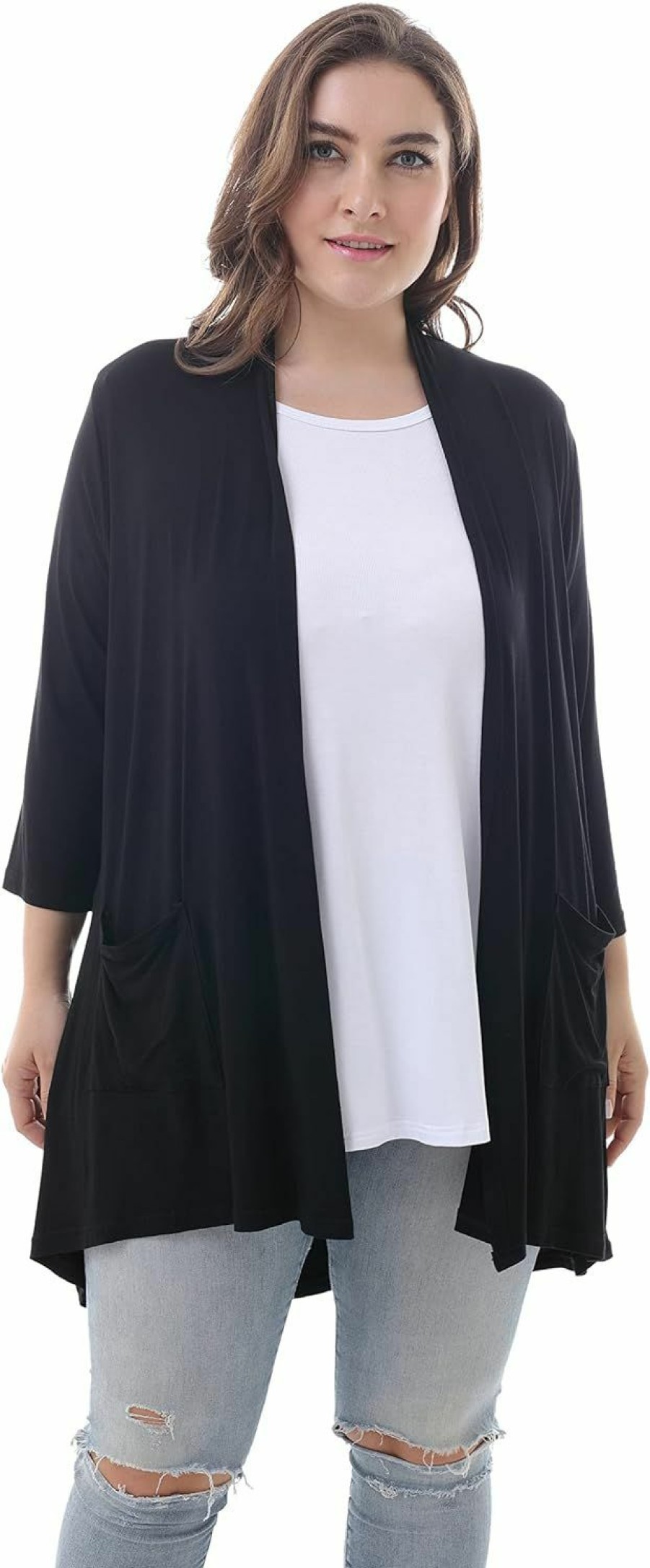 Sweaters | ZERDOCEAN Zerdocean Women'S Plus Size 3/4 Sleeve Lightweight Soft Printed Drape Cardigan With Pockets