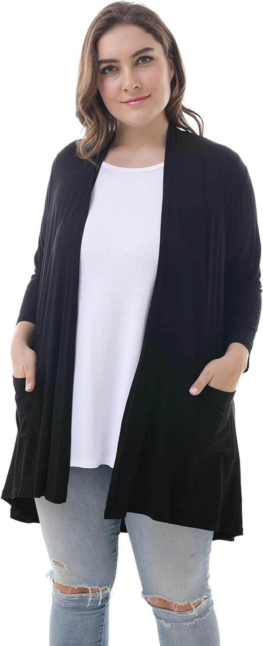 Sweaters | ZERDOCEAN Zerdocean Women'S Plus Size 3/4 Sleeve Lightweight Soft Printed Drape Cardigan With Pockets