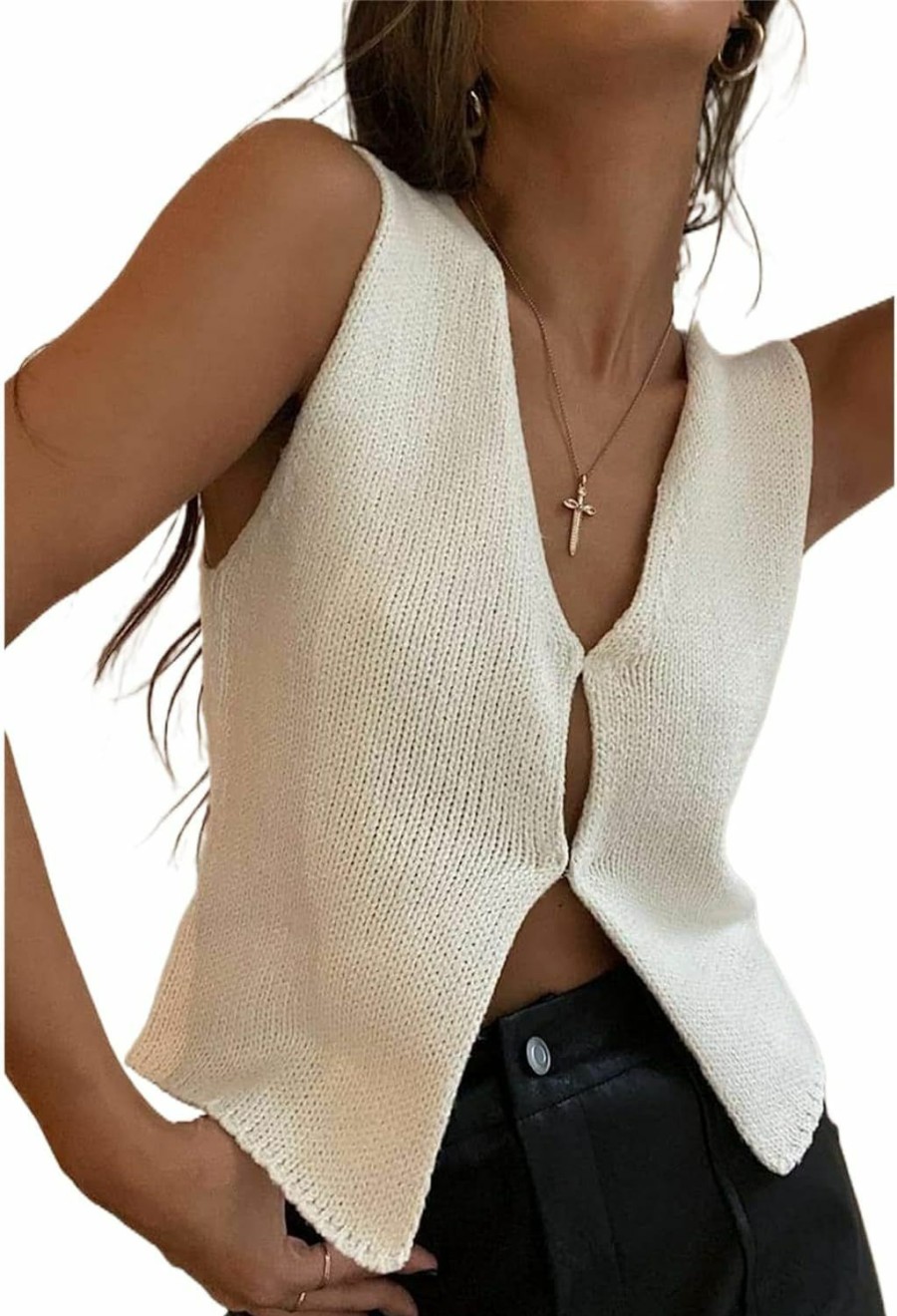 Sweaters | Sunwittafy Crochet Knit Vest Top For Women Hollow Out Button Down V Neck Crochet Crop Top Sleeveless Sweater Vintage Streetwear