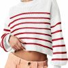 Sweaters | Saodimallsu Saodimallsu Womens Cropped Striped Sweaters Oversized Batwing Long Sleeve Crew Neck Crop Tops Knit Pullover