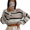 Sweaters | ZAFUL Zaful Women'S Color Block Striped Sweater Crew Neck Lantern Sleeve Cropped Sweaters Casual Loose Knitted Tops