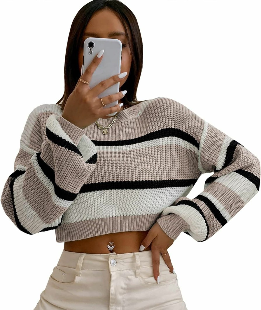 Sweaters | ZAFUL Zaful Women'S Color Block Striped Sweater Crew Neck Lantern Sleeve Cropped Sweaters Casual Loose Knitted Tops