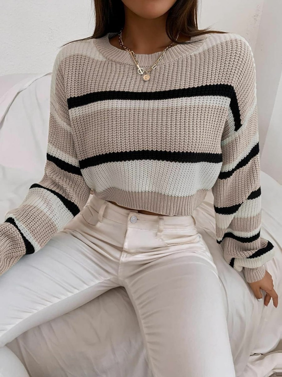 Sweaters | ZAFUL Zaful Women'S Color Block Striped Sweater Crew Neck Lantern Sleeve Cropped Sweaters Casual Loose Knitted Tops