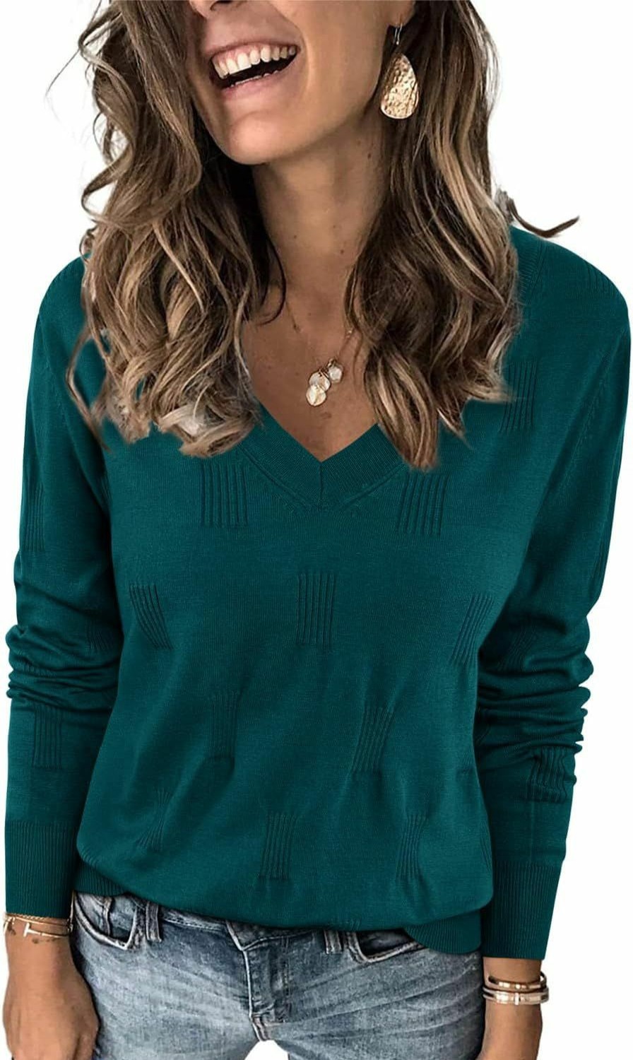 Sweaters | Arach&Cloz Arach&Cloz Women'S Spring Tops 2024 Fashion V Neck Long Sleeve Shirts Blouse Knitted Casual Pullover Sweater Cozy Clouds