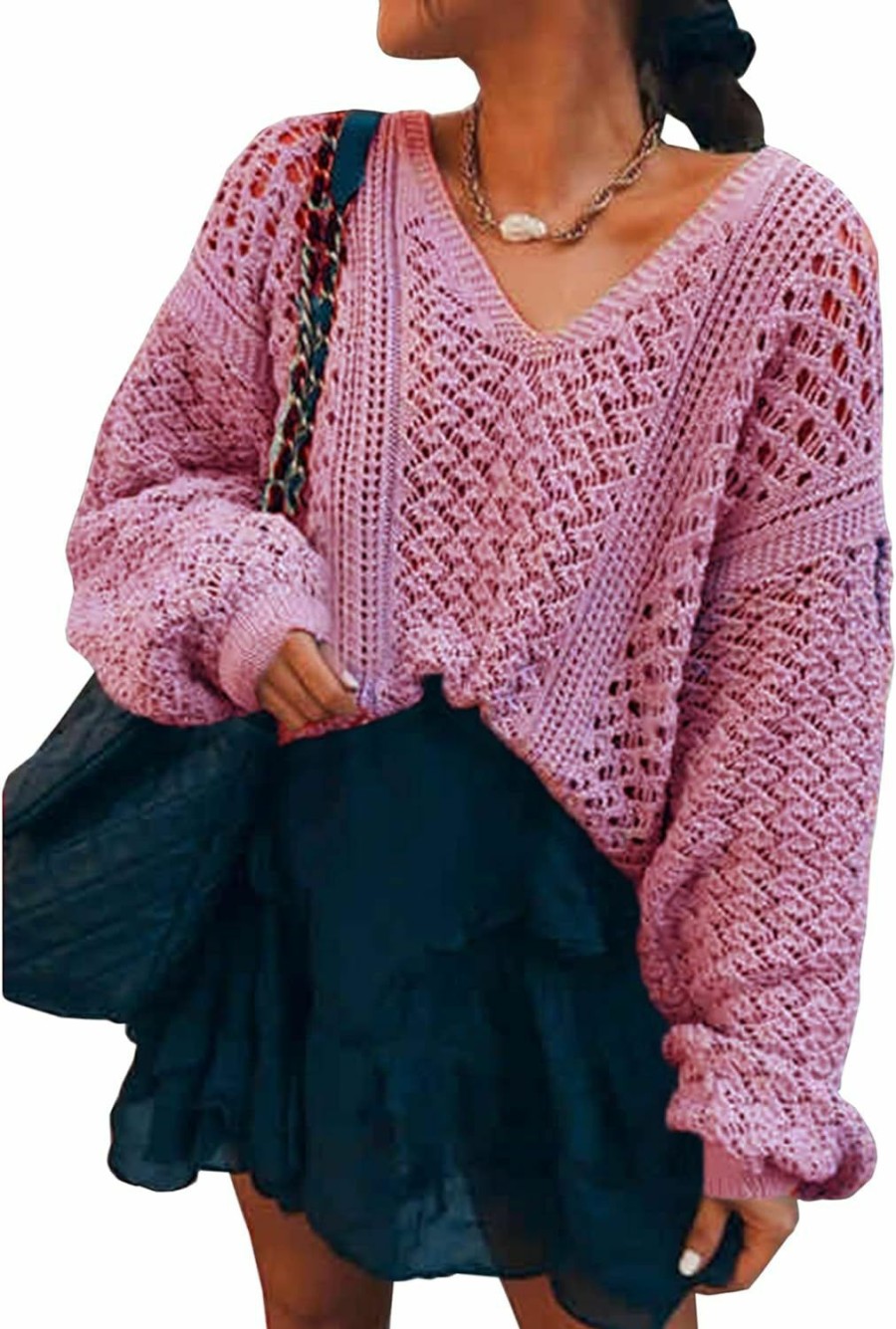 Sweaters | CCTOO Cctoo Women'S Sweaters Casual Oversized V Neck Off Shoulder Sexy Crochet Sweater Batwing Sleeve Pullover Loose Tops