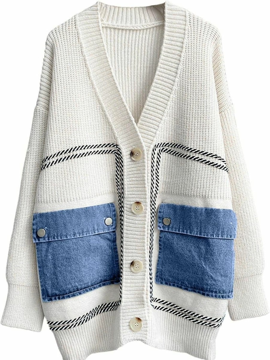 Sweaters | ebossy Ebossy Women'S Spliced Denim Pockets Knit Cardigan Button Down Slouchy Stripe Sweater Outwear