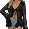 Sweaters | COZYEASE Cozyease Women'S Hollow Out Knit Tops Cover Up Tie Front Crochet Long Sleeve Kimonos Bell Sleeve Knitted Top Cardigan