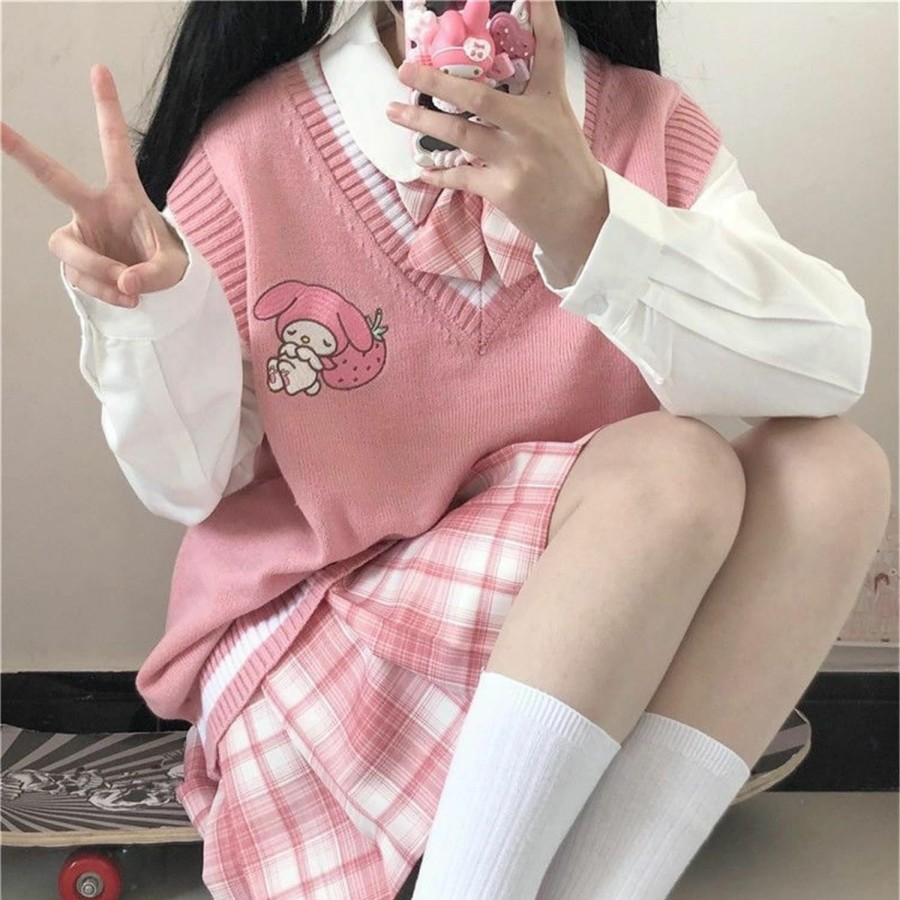 Sweaters | WANHONGYUE My Melody Sweater Vest Women V Neck Knit Sweaters Girls School Uniform Anime Sleeveless Pullover Tank Tops