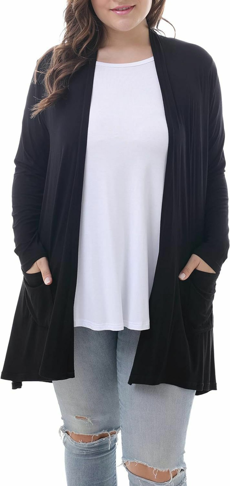 Sweaters | ZERDOCEAN Zerdocean Women'S Plus Size Long Sleeve Lightweight Soft Printed Drape Cardigan With Pockets