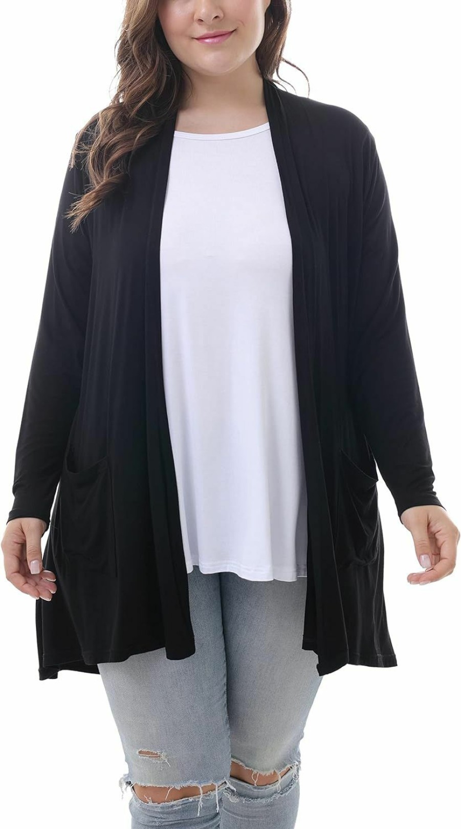 Sweaters | ZERDOCEAN Zerdocean Women'S Plus Size Long Sleeve Lightweight Soft Printed Drape Cardigan With Pockets