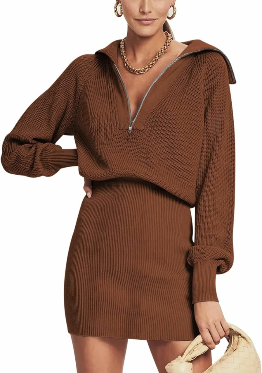 Sweaters | DEEP SELF Deep Self Women'S Casual Long Sleeve Bodycon Sweater Dresses Fall Half Zip V Neck Slim Fit Ribbed Knitted Mini Dress