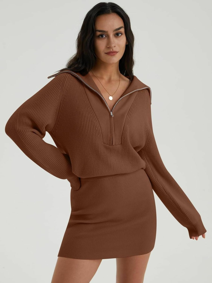 Sweaters | DEEP SELF Deep Self Women'S Casual Long Sleeve Bodycon Sweater Dresses Fall Half Zip V Neck Slim Fit Ribbed Knitted Mini Dress