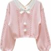 Sweaters | FindThy Findthy Women'S Y2K Pullover Sweater Sweet Lantern Sleeve Bowtie Knit Crop Jumper Tops