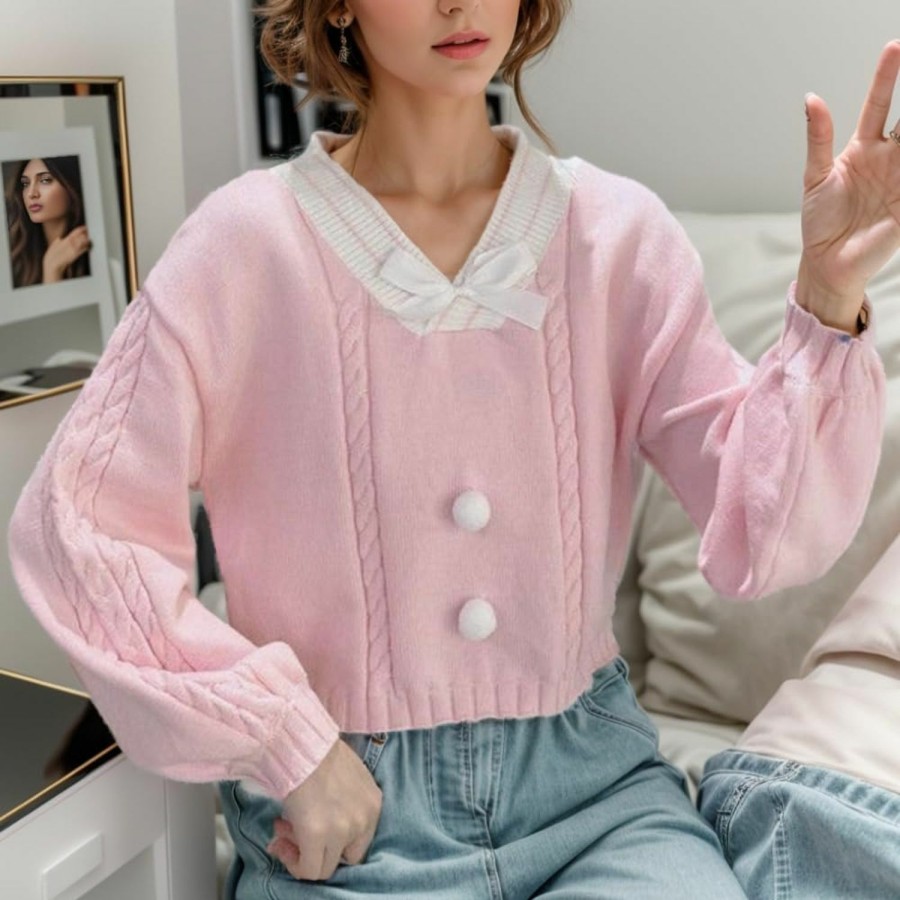 Sweaters | FindThy Findthy Women'S Y2K Pullover Sweater Sweet Lantern Sleeve Bowtie Knit Crop Jumper Tops