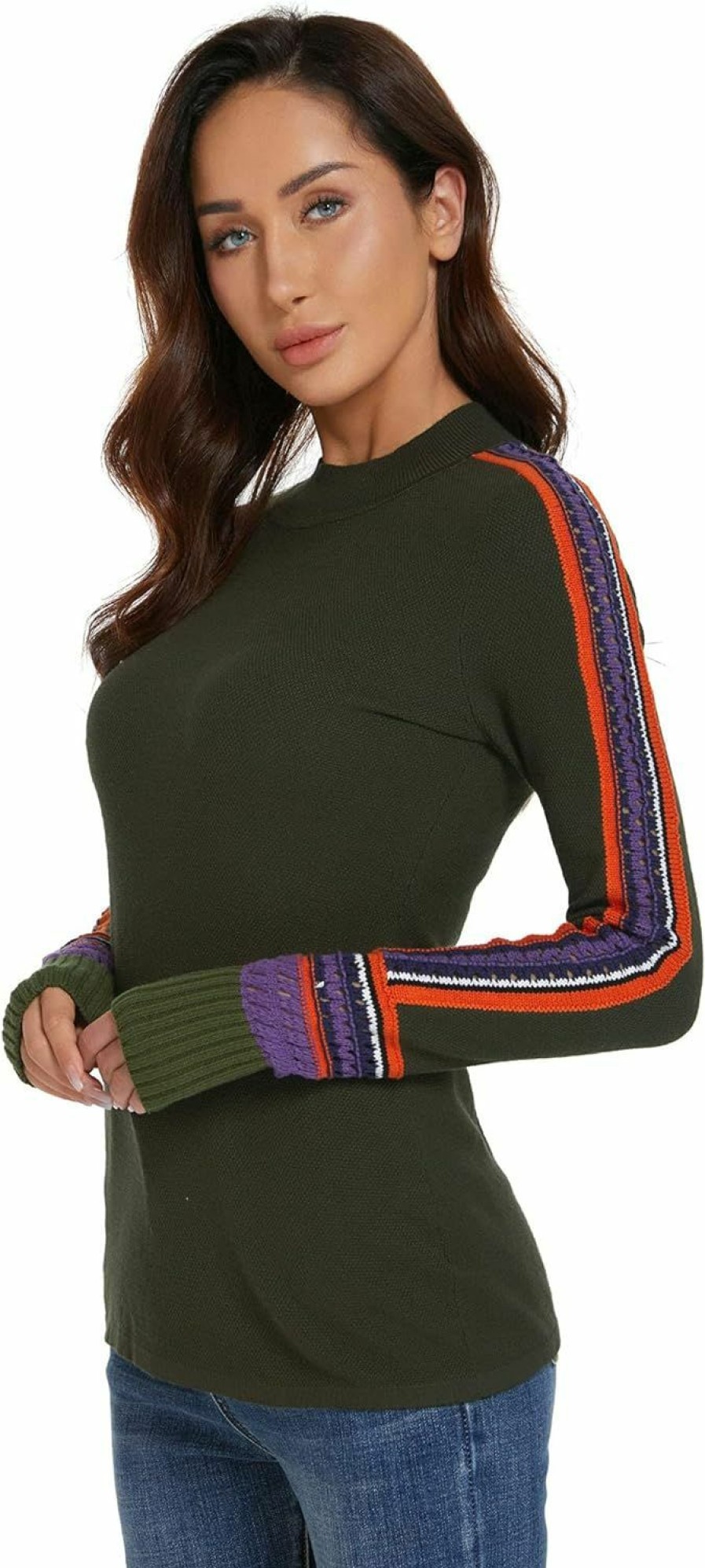 Sweaters | AmelieBoutik Amelieboutik Women Mock Neck Fair Isle Trim Long Sleeve Pullover Knit Sweater